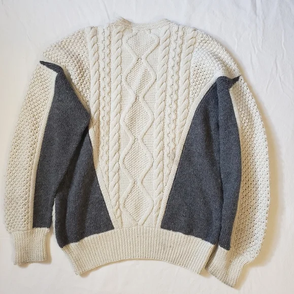 Irish Handknit Pure Wool Accento Crewneck Aran Sweater White/Black Size L - Picture 4 of 6